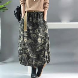 Spring/autumn Arts Style Women Loose Casual Vintga Print A-line Skirt All-matched Elastic Waist Cotton Denim Skirts W30 210512