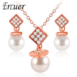 Earrings & Necklace ARUEL Women Wedding Jewelry Sets Fashion Rose Gold/Silver Plated Square Crystal Imitate Pearl Pendant