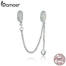 BAMOER 925 Sterling Silver Love Heart Safety Chain Charms Stopper Pendant fit Women Bracelets DIY Jewellery SCC1112