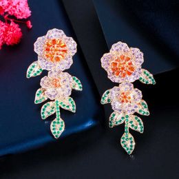 Pretty Geometry Purple Green Flower Leaf Cubic Zircon Dangle Drop Earrings Luxury Designer Women Party Jewellery CZ888 210714