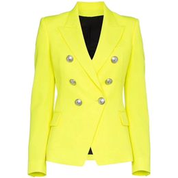 HIGH QUALITY est Fashion Designer Blazer Women's Lion Buttons Double Breasted Fluorescence Yellow Jacket 211019