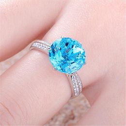 Cluster Rings Fashion Blue Crystal Aquamarine Topaz Gemstones Diamonds For Women White Gold Silver Color Jewelry Bijoux Party Accessory