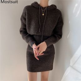 Korean Knitted Hooded Sweater Dress Women Full Sleeve Slim Waist Mini Pencil Dresses Fashion Solid Female Vestidos Femme 210513