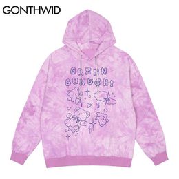 GONTHWID Hoodies Harajuku Cartoon Bears Print Tie Dye Hooded Sweatshirts Streetwear Hip Hop Fashion Casual Pullover Tops Outwear H0910