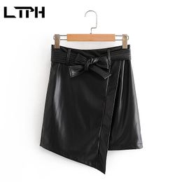 Design High Waist Bow Sashes Asymmetrical PU Leather Mini Skirt Sexy Package Hip Slim Elegant Women Skirts Autumn 210427