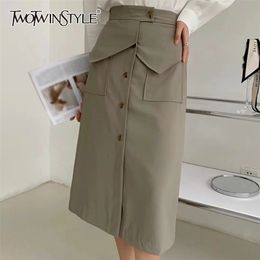 Black Patchwork Pocket Skirt For Women High Waist Korean Split A Line Skirts Female Fashion Clothing 210521