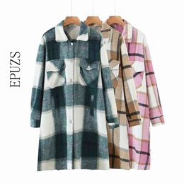 winter green plaid jacket women long coat streetwear fashion loose bomber Casual ovsrsize outwear 210521