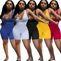 Summer Women rompers plus size 2XL sleeveless shorts Jumpsuits solid Colour bodycon bodysuits Casual skinny black Overalls red blue yellow leggings 4921