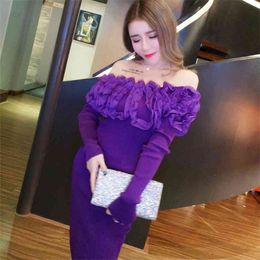 Sexy Tight-necked Sweater Women Hedging Autumn Winter Bag Hips Long Flower Side Base Knitted Applique Female Casual 210427