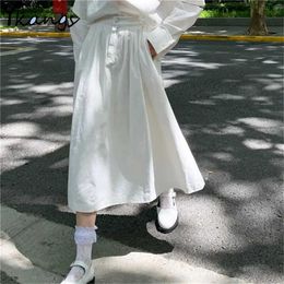 Midi Long Pleated Skirt Women Fashion Summer Casual Simple Solid Black White A Line High Waist Skirt Female Korean Style 210619