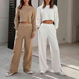 1 Set Crop Top Pants Set Women Blouse Straight Leg Trousers Fitness Harem Pants Hoodie Sweatpants Jogging Pants Set Streetwear Y211115