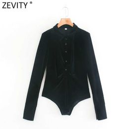 Zevity Women Fashion Pleats Breasted Black Velvet Bodysuits Office Lady Long Sleeve Casual Slim Siamese Chic Rompers LS7317 210603