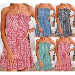 Fashion Off-The-Shoulder Lace-Up A-Line Mini Summer Dress Sexy Tube Top Floral Print For Women Robes Femme Vestidos 210517