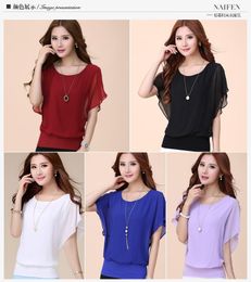 Womens Tops Fashion 2021 Women Summer Chiffon Blouse Plus Size Ruffle Batwing Short Sleeve Casual Shirt Black White Red Blue