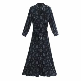 Women Vintage Paisley Printing Sashes Puff Sleeve Shirt Dress Casual Lady Loose Clothes Vestido D6505 210430