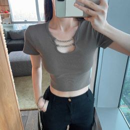 WOMENGAGA T Shirt Women's Summer tops Chain Short Navel Sexy Tight Sleeve Top Fashion Tshirt Tee M9D6 210603