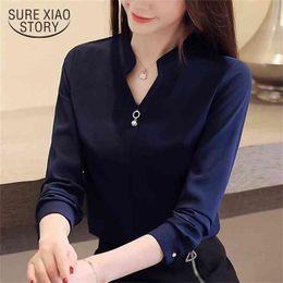 fashion women blouses long sleeve shirts chiffon shirt s tops and V collar office work 2430 50 210506