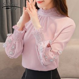 Fashion Arrival sweet Pink Womens Tops and Blouses Stand Long Sleeve Chiffon Blouse Female Clothes Loose Office Tops 6939 50 210527