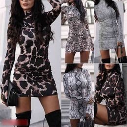 Women Dress Sexy Lady Turtleneck Long Sleeve Leopard Snakeskin Print Evening Party Clubwear Bodycon Fashion Sheath Clothing 210522