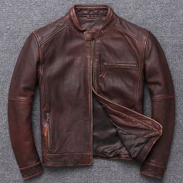 Vintage Real Leather Jacket Men Stand Collar Mens Motorcycle Jacket Cowhide Coats and Jackets Chaqueta De Los Hombres WPY2514
