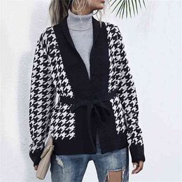 Autumn winter Houndstooth print cardigans for womens loose long sleeve cardigan women V-neck jacket sweater 210508