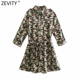 Zevity Women Vintage Camouflage Print Epaulet Mini Shirt Dress Female Chic Pockets Breasted Bow Tied Sashes Vestidos DS8150 210603