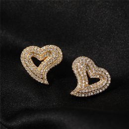 Fashioin Earrings Gold Silver Colour Bling CZ Heart Earrings Studs Fashion Hip Hop Jewellery Gift for Men Women