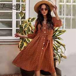 V-neck Button Front Swiss Dot Chiffon Dress Women Spring Summer 3/4 Sleeve Elegant Office Lady Midi with Belt 210510