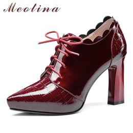 Meotina Genuine Leather Platform Super High Heel Pumps Women Shoes Pointed Toe Cross Tied Block Heels Footwear Ladies Black 40 210520