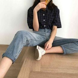 Korean Summer Short Sleeve Blouse Shirts Women Casual Vintage Turn-down Collar Plaid Loose Shirt Preppy Style Student Chic Blusa 210323