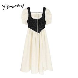 Yitimuceng Fake 2 Pieces Dresses Women Summer High Waist Puff Sleeve A-Line Patchwork Clothes Korean Fashion Midi Dress 210601