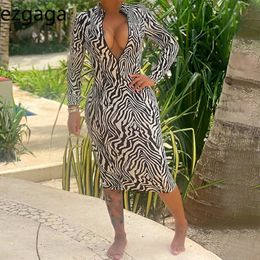 Ezgaga Bodycon Dress Women Autumn Zipper Stand Animal Stripe Long Sleeve Dresses Ladies Sexy Midi Dress Club Vestidos Feminino 210430