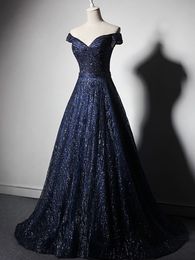 elegant navy blue evening dress strapless laceup back shining tulle prom gowns