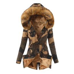 Plush Camouflage Parker Parka Fashion Adjustable Waist Fur Collar Winter Jacket Women Long sleeve Hooded Coat