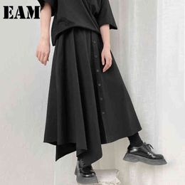 [EAM] High Elastic Waist Black Pleated Single Breasted Casual Half-body Skirt Women Fashion Spring Summer 1DD8307 21512