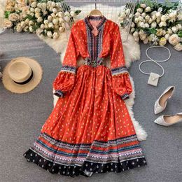 Women Vintage Spring Fashion Round Neck Embroidery High Waist Thin Print Holiday A-line Dress Clothes Vestidos R978 210527