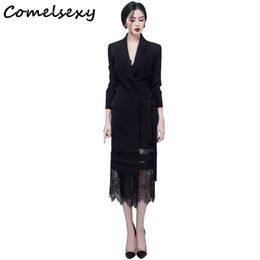 Spring High Quality Lace Up Blazer Patchwork Lace Dress Women Fashion Long Sleeve Hollow Out Empire Mid Dresses 210515