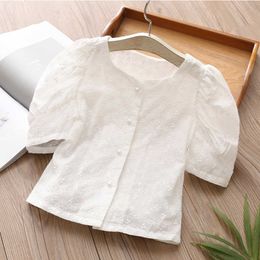 Summer Fashion 2 3 4 5 6 7 8 9 10 11 12 Year White Embroidery Short Puff Sleeve Cotton Blouse Shirt For Baby Kids Girl 210529