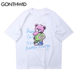 T-Shirts Hip Hop Cartoon Donuts Bear Casual Cotton Tees Shirts Harajuku Short Sleeve Tshirts Mens Summer Fashion Tops 210602