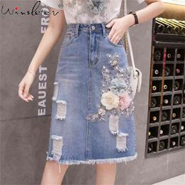 Summer Faldas For Women Denim Jeans High Waist Midi Skirt Holes Chic Floral Plus Size S-3XL B03224B 210421