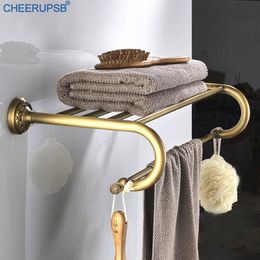 Towel Racks Bathroom Vintage Holder Wall Mount Brass Bath Rack Brushed Gold Dual Layer Hanger Towels Stand Support Shelf