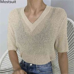 Summer Thin Knitted V-neck T Shirt Pullover Women Short Sleeve Korean Solid Loose Basic Tops Tees T-shirt 210513