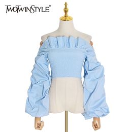 TWOTWINSTYLE Ruched Ruffles Blouses Womens Slash Neck Lantern Long Sleeve Slim Short Shirts For Female Fashion Clothes Tide 210317