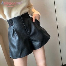 Aelegantmis Spring Loose Faux Leather Shorts Women High Waist Wide Leg PU Casual Elegant Korean Elastic Chic 210607