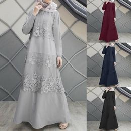 Vestidos casuales Musulmanes Musulmanes Sundress Moda de la moda Cordillo de encaje Maxi Vestido de manga larga Vestidos Femenino Sólido Turquía Robe