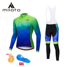 2024 miloto Blue Green Team Winter Cycling Jersey Set Bicycle Clothing Breathable Men Thermal Fleece Long Sleeve Shirt Bike bib Pants B7