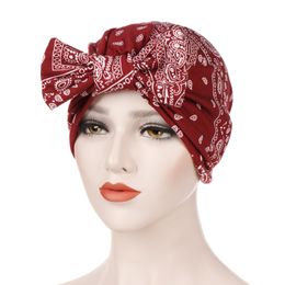 New Style Ladies Cotton Amoeba Print Detachable Bow Cashew Flower Muslim Head Wrap Hat Indian Turban Hat Hair Accessories