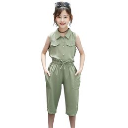 Kids Clothes Solid Blouse + Calf-Length Pants 2 Pcs Suit For Girls Sleeveless Clothing Set Casual Summer 210527