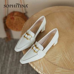 SOPHITINA Pumps Woman White Pointed Toe Genuine Leather Mental Wave Shape Decoration High Square Heel Office Lady Shoe FO01 210513