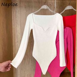 Neploe V Neck Pullover Long Sleeve Knit Bodysuits Women High Waist Hip Skinny Playsuits Spring Outwear Jumpsuits Solid 210510